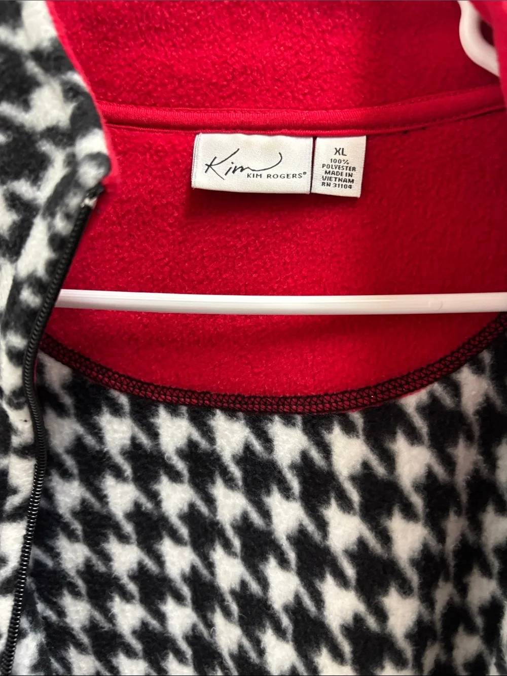 Kim Roger’s Black & White Houndstooth Zip-Front Peacoat with Red Liner
